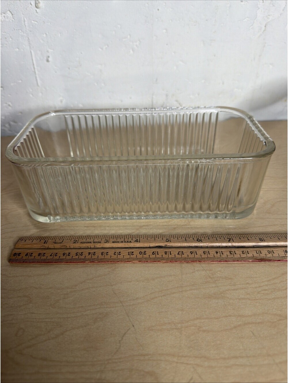 VINTAGE RIBBED GLASS RECTANGULAR REFRIGERATOR DISH NO LID